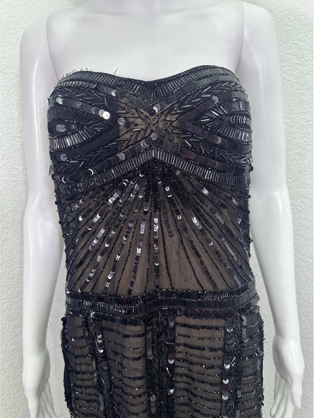 Sz L Sovage Black Beaded Sequin Strapless Flapper Dress Art Deco Gothic - Picture 2 of 7